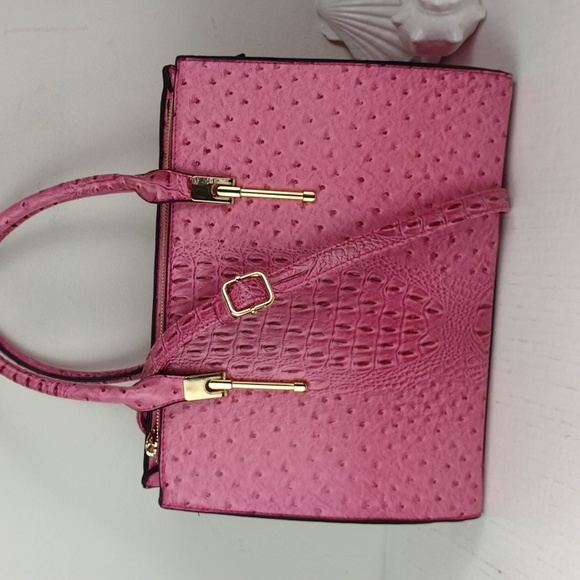 Hot Pink Faux Ostrich Brahmin-Like Hand-Bag Crossbody W/Matching Wristlet NWOT - Picture 10 of 16